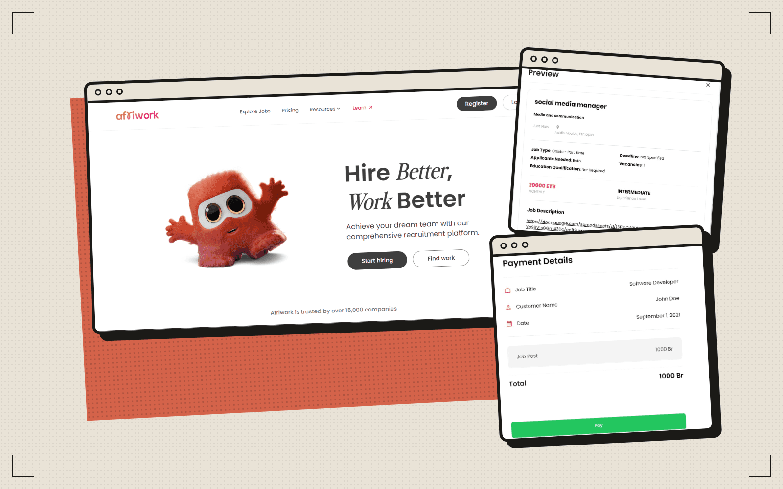 Afriwork mockup: the landing page with job preview and payment screens
