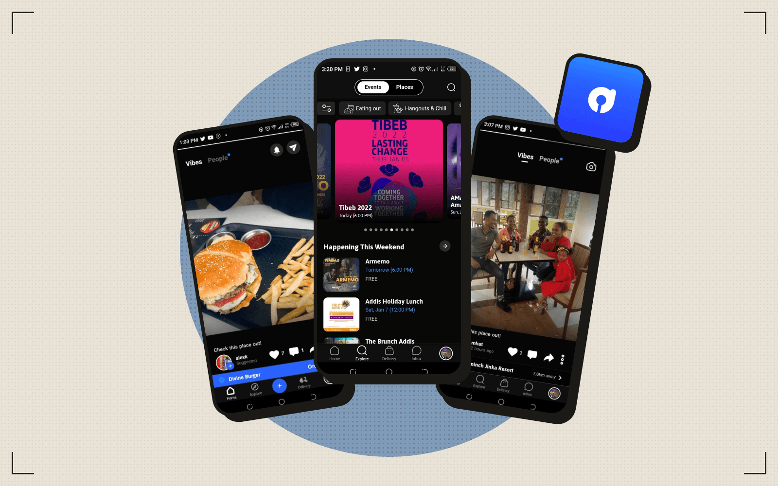 Ahun mockup: three app screens for food, events and friends' check-ins, with the Ahun logo