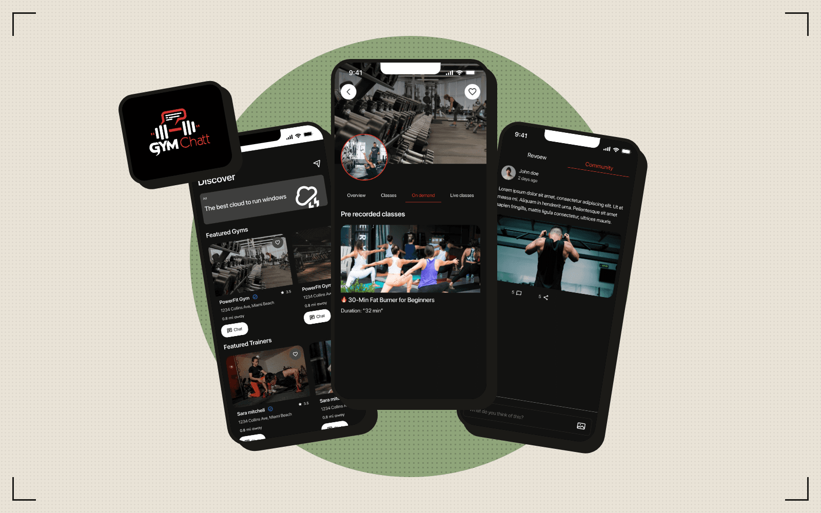 GymChatt mockup: discover, gym detail and community screens, with the GymChatt logo