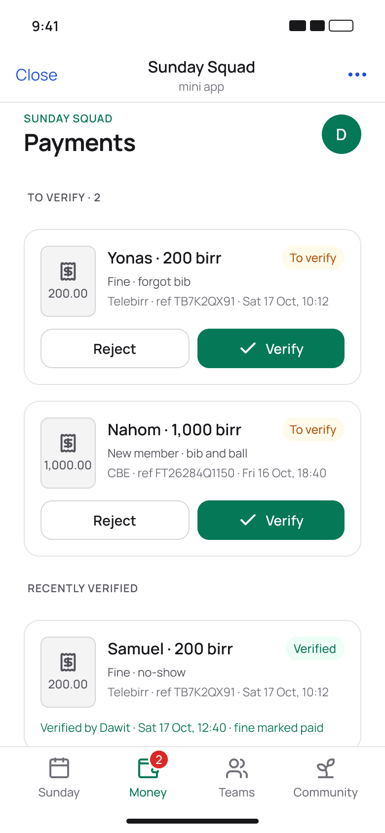 Organiser: payments to verify, with proof, method and reference