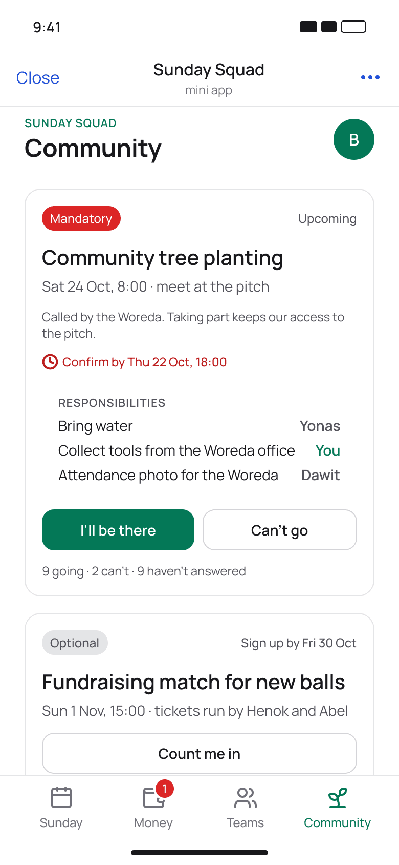 Community: mandatory and optional activities with deadlines and responsibilities