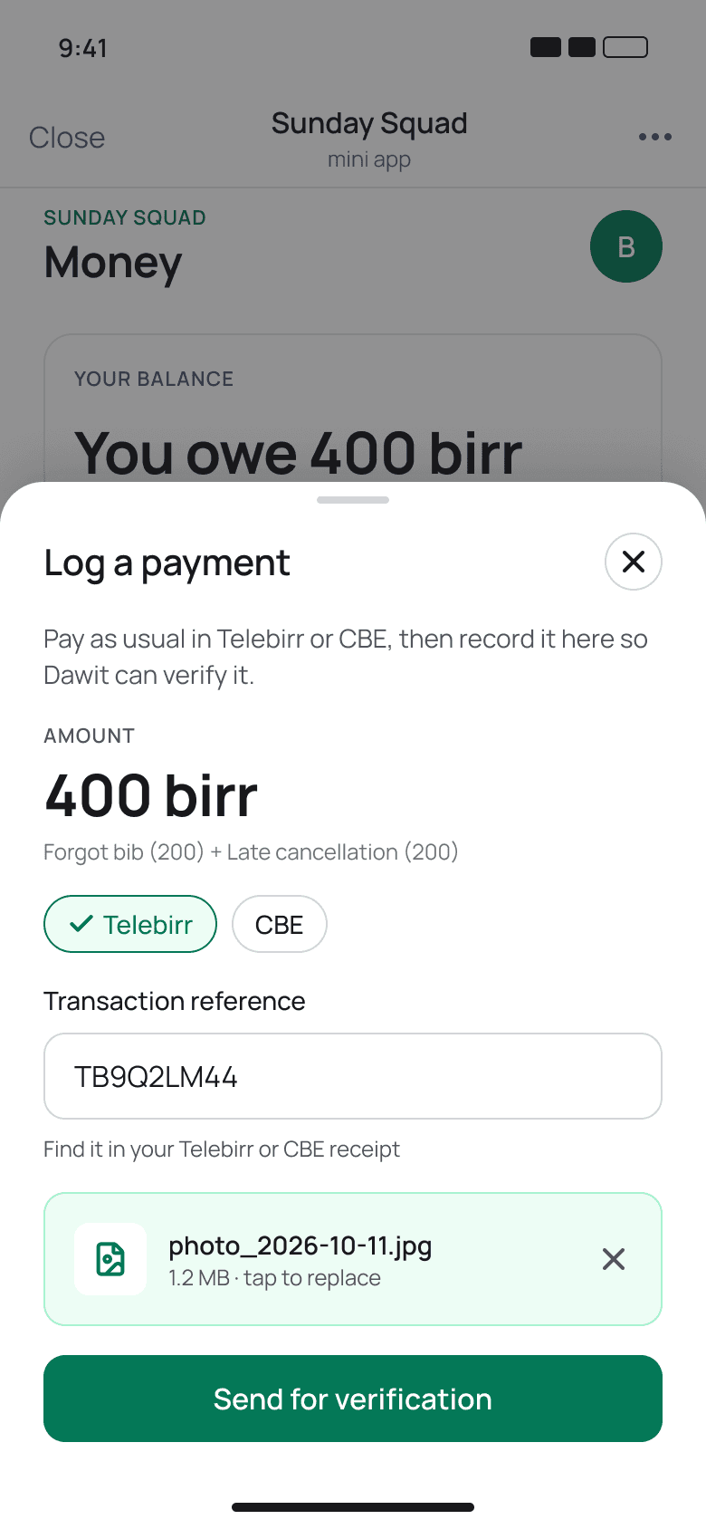 Logging a payment: method, reference and screenshot