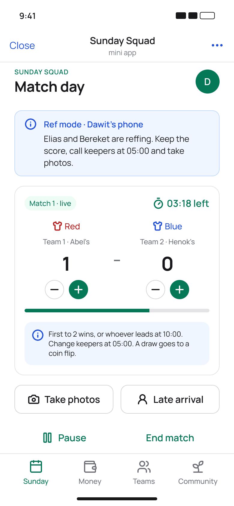Ref mode: score, clock, photos and late arrivals
