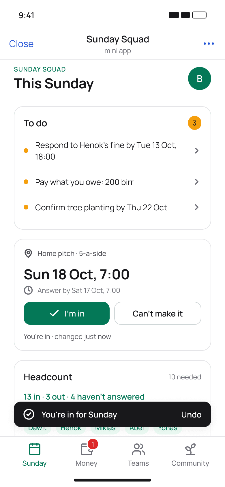 Home: a to-do list of outstanding actions, then Sunday's match and check-in