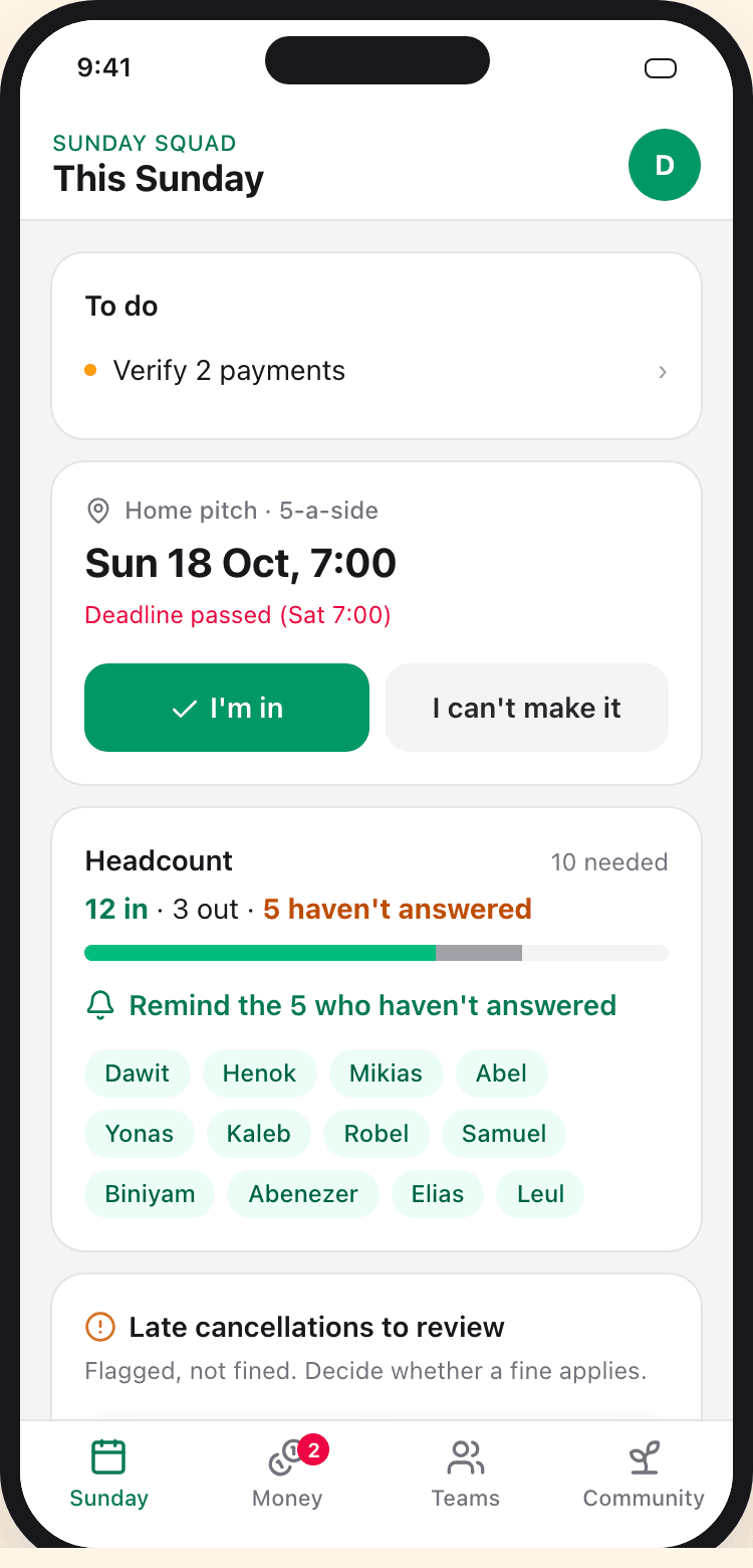 Version 2: in, out and not answered, with a reminder